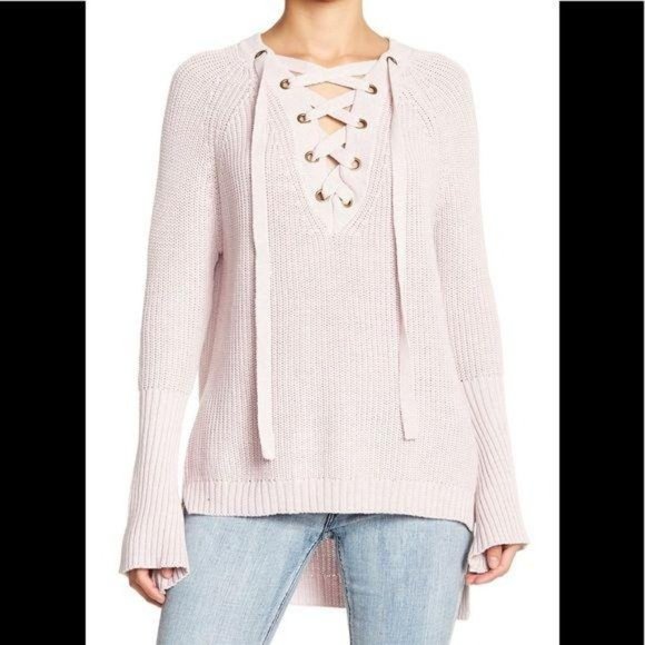 BLVD LaceUp V Neck Chunky Knit Relaxed Sweater NWT - Picture 10 of 15